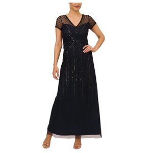Adrianna Papell Womens Size 2 Navy Beaded V Neck Formal Gown Cocktail Dress NWT